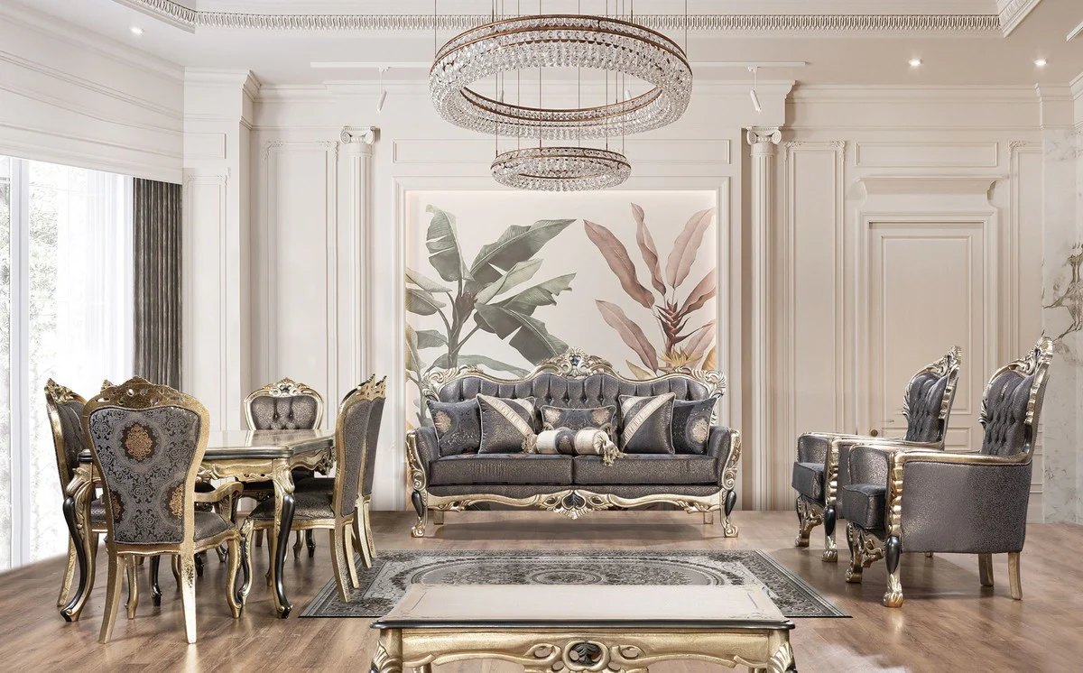 Luxus Barock Esstisch Antik Gold / Schwarz - Rechteckiger Barockstil Küchentisch - Luxus Esszimmer Möbel im Barockstil - Barock Esszimmer Möbel - Barock Einrichtung