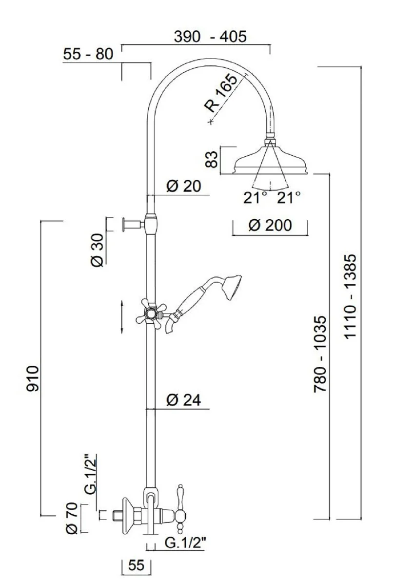 Luxus Badezimmer Duschgarnitur mit Swarovski Kristallglas Gold H. 111-138,5 cm - Brauseset mit Überkopfbrause und Handbrause - Badezimmer Accessoires - Luxus Qualität - Made in Italy