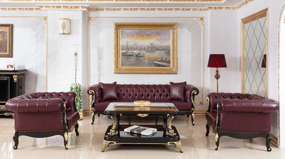 Luxus Barock Couchtisch mit Glasplatte Schwarz / Gold - Prunkvoller Massivholz Wohnzimmertisch im Barockstil - Barock Wohnzimmer Möbel - Edel & Prunkvoll
