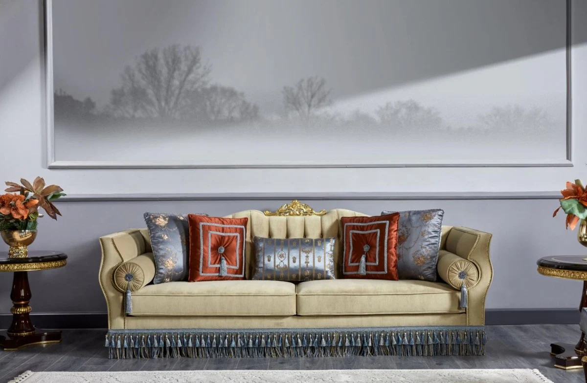 Luxus Barock Sofa Beige / Blau - Prunkvolles Wohnzimmer Sofa - Barockstil Wohnzimmer Möbel - Luxus Möbel im Barockstil - Barock Einrichtung - Edel & Prunkvoll