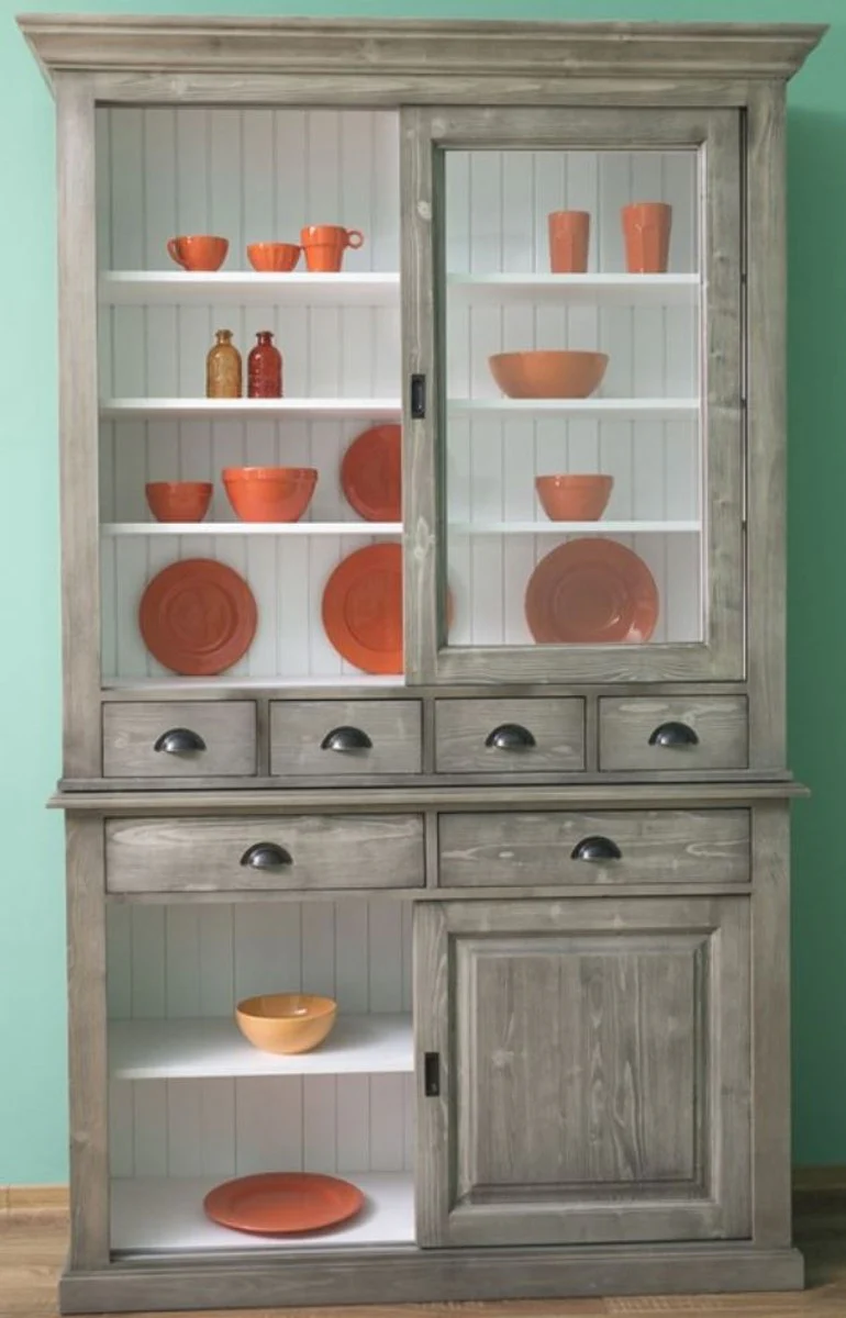 Landhausstil Küchenschrank Grau / Weiß 142 x 48 x H. 225 cm - 2 Teiliger Schrank mit 4 Schiebetüren und 6 Schubladen - Landhausstil Küchenmöbel