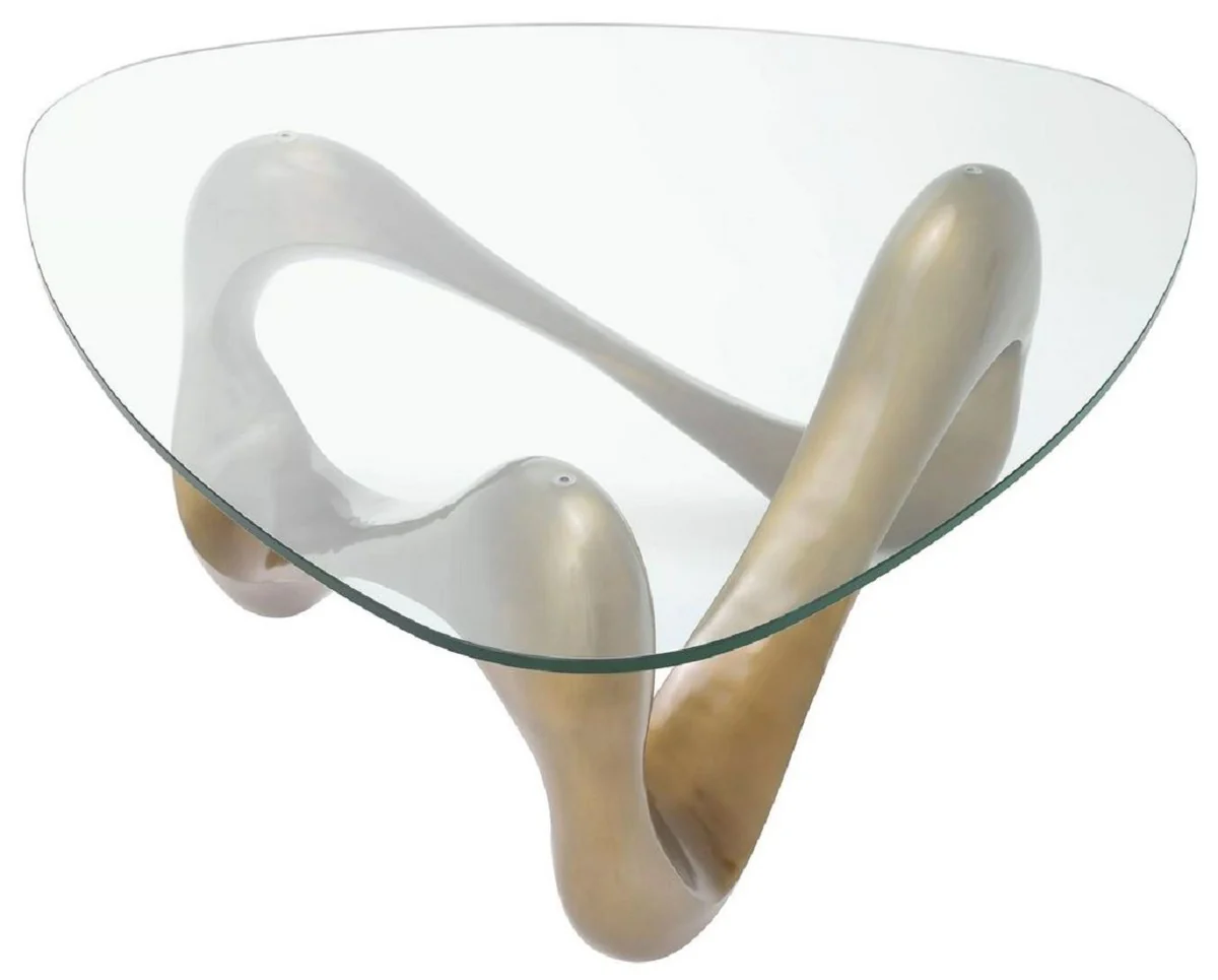 Luxus Couchtisch Vintage Messing 100,5 x 98 x H. 43,5 cm - Aluminium Wohnzimmertisch mit Glasplatte - Wohnzimmer Möbel - Luxus Möbel - Luxus Einrichtung - Wohnzimmer Einrichtung