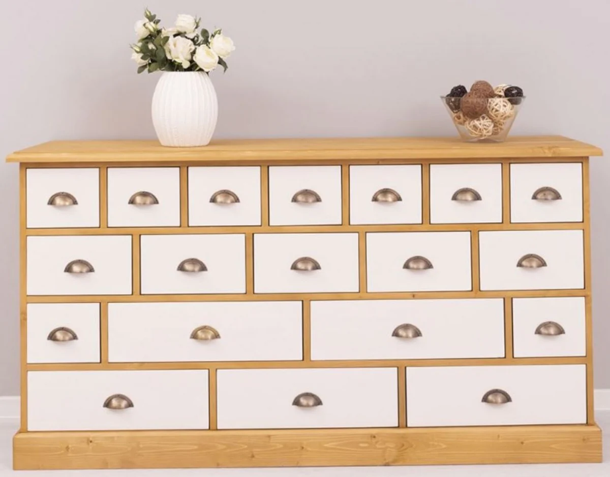 Landhausstil Kommode Naturfarben / Weiß 180 x 48 x H. 95 cm - Massivholz Schrank mit 19 Schubladen - Landhausstil Möbel - Möbel im Landhausstil - Landhausstil Einrichtung