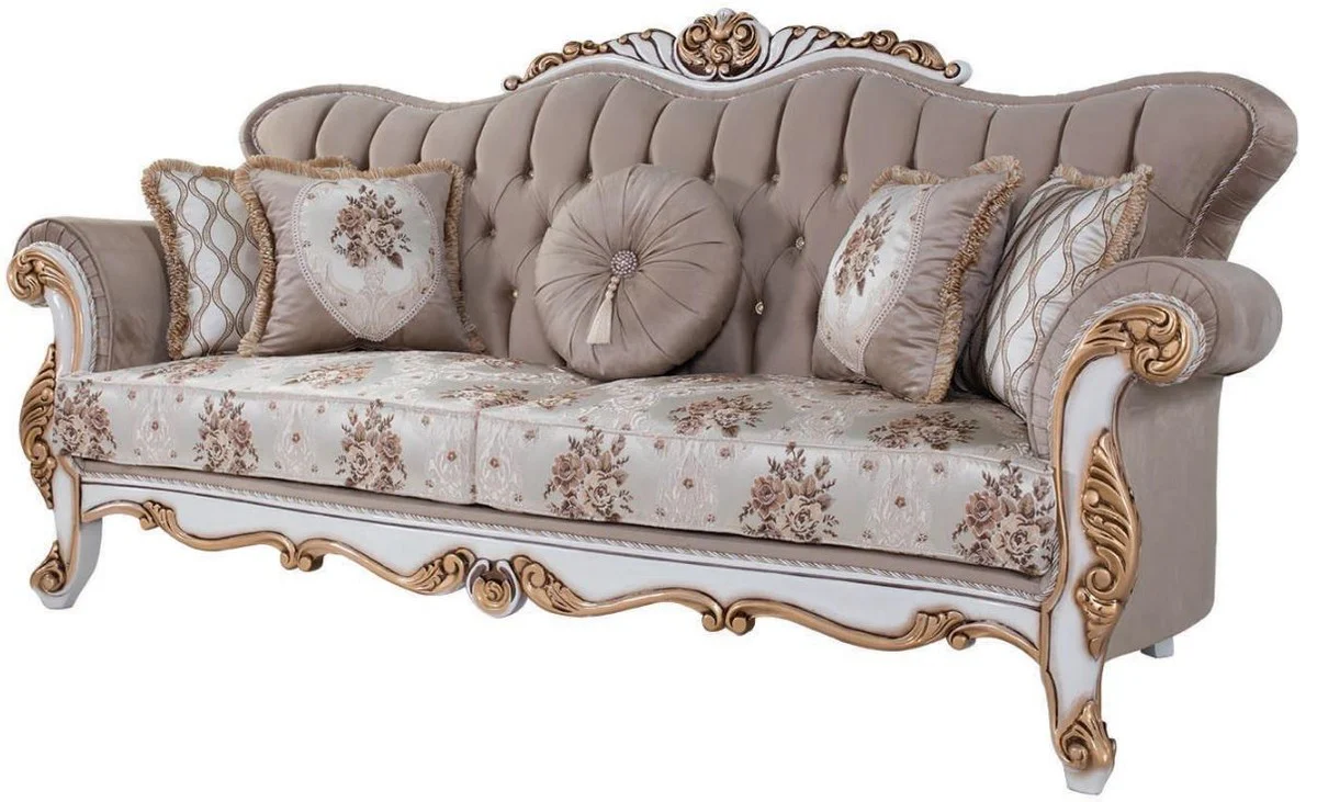Luxus Barock Sofa mit Kissen Grau / Mehrfarbig / Weiß / Bronze 232 x 87 x H. 101 cm - Wohnzimmer Couch mit Blumenmuster und wunderschönen Verzierungen