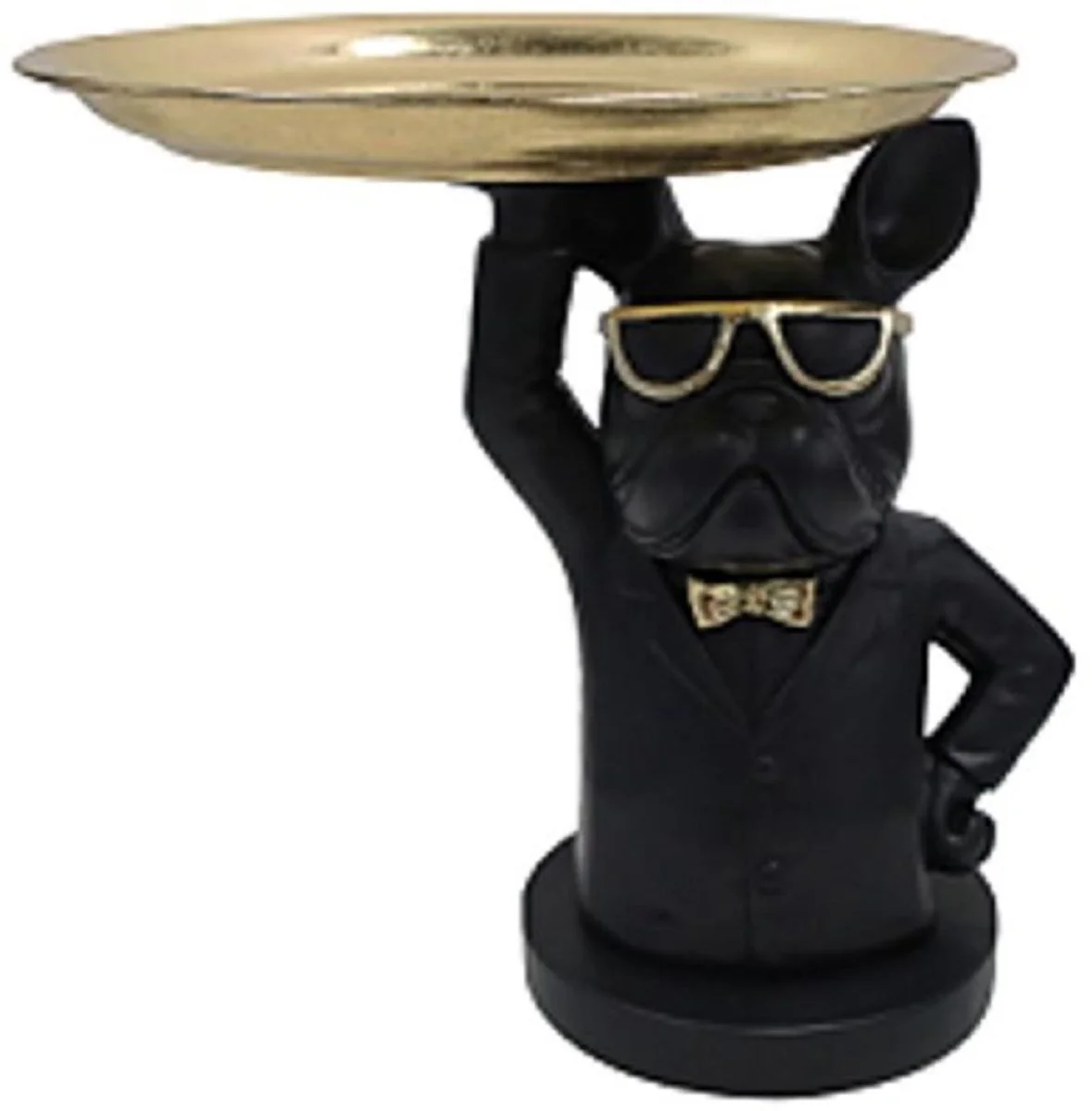 Luxus Beistelltisch Hund mit Tablett Schwarz / Gold 36,5 x 35 x H. 35 cm - Kleiner Kunstharz Tisch - Wohnzimmer Möbel - Luxus Möbel - Luxus Einrichtung - Luxus Interior