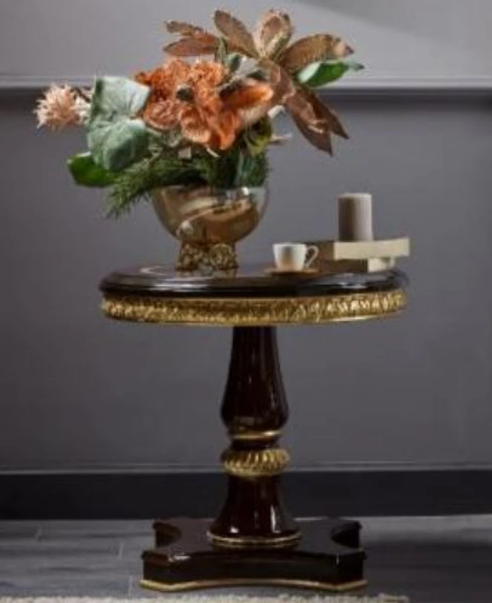 Luxus Barock Beistelltisch Dunkelbraun / Gold - Runder Massivholz Tisch im Barockstil - Luxus Wohnzimmer Möbel im Barockstil - Barock Möbel - Edel & Prunkvoll