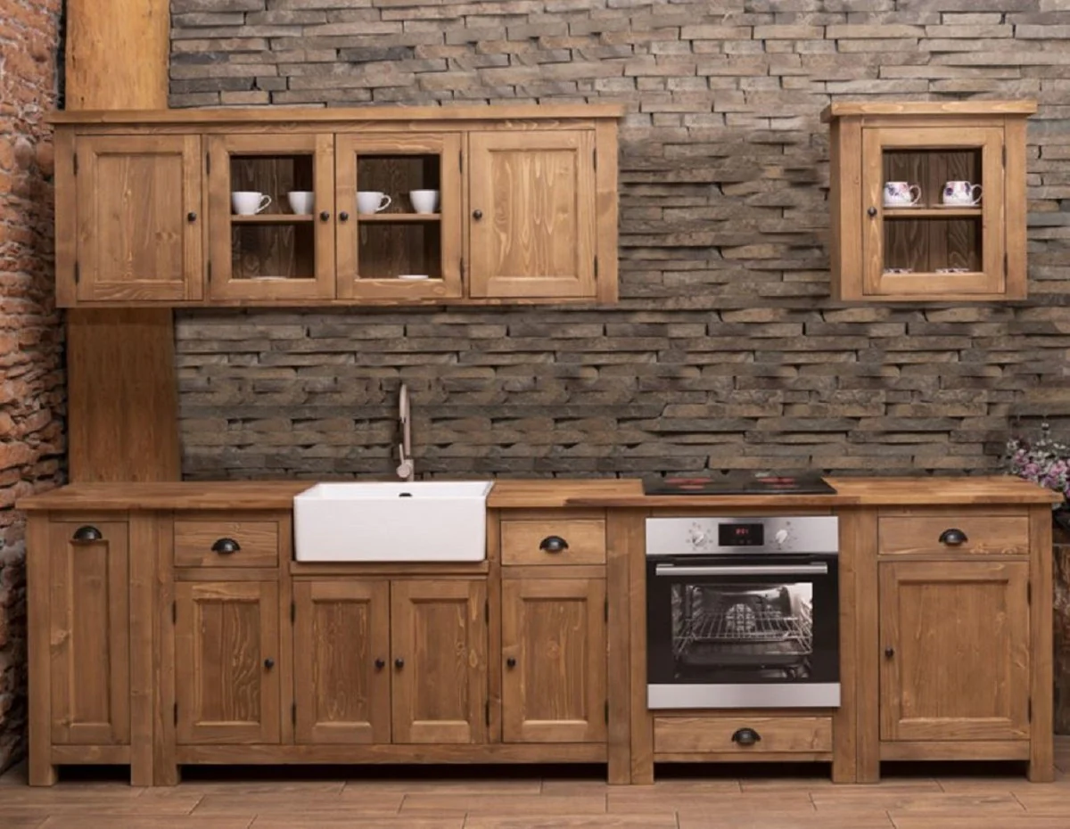 Landhausstil Einbauküche Braun 343 x 65 x H. 90 cm - Massivholz Küchenzeile - Esszimmer Möbel im Landhausstil - Landhausstil Massivholz Einbauküchen