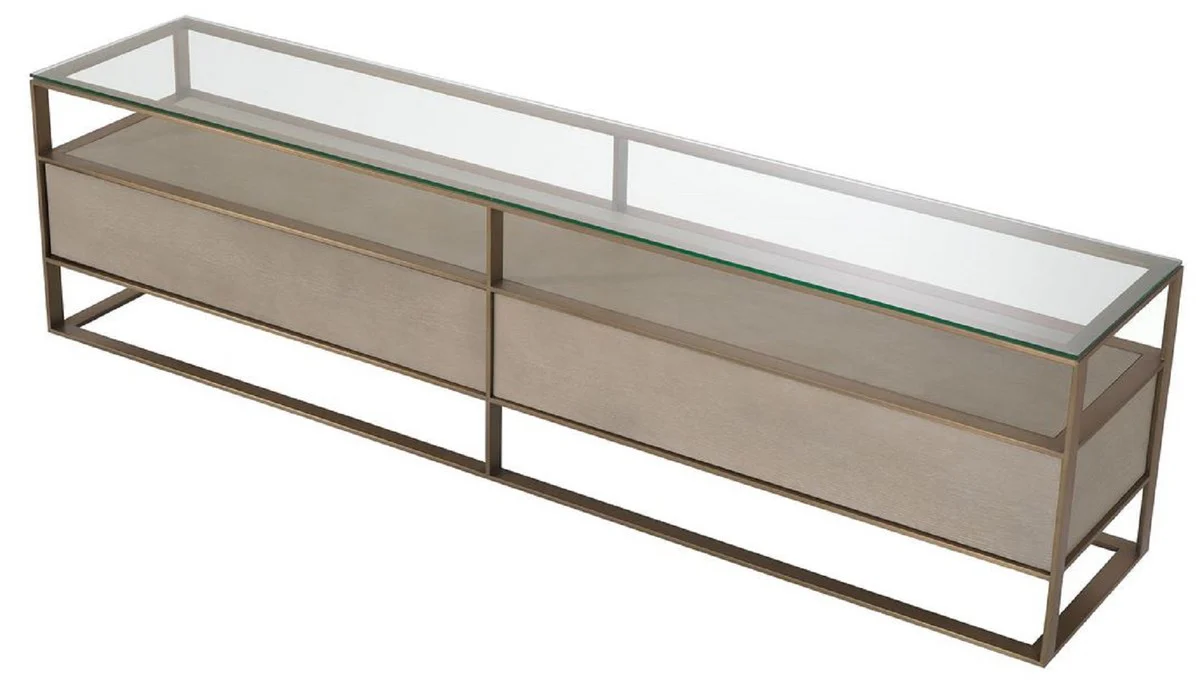 Luxus Fernsehschrank 220 x 46 x H. 56,5 cm - Sideboard mit Glasplatte und 2 Schubladen - Luxus Wohnzimmer Möbel