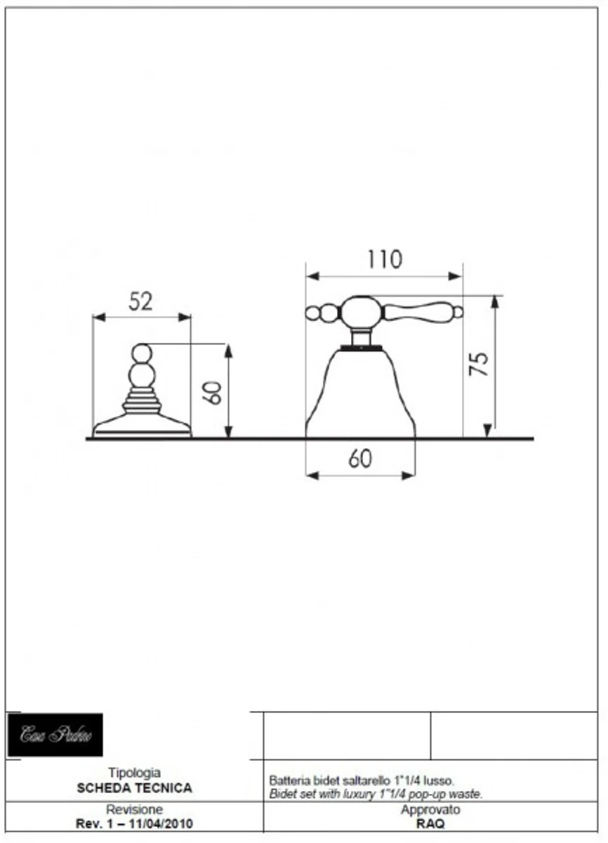 Luxus Bad Zubehör - Jugendstil Retro Bidet Dreilochbatterie mit Ablaufgarnitur Chrom Serie Milano - Made in Italy