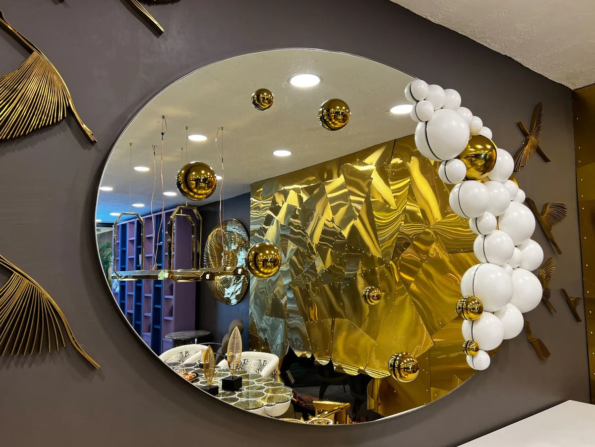 Luxus Designer Spiegel Weiß / Gold 190 x H. 120 cm - Ovaler Wandspiegel - Garderoben Spiegel - Luxus Möbel - Hotel Möbel - Designer Möbel