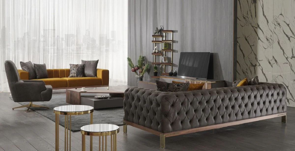 Luxus Couchtisch Braun / Grau 130 x 80 x H. 32 cm - Rechteckiger Massivholz Wohnzimmertisch - Wohnzimmer Möbel - Luxus Möbel - Luxus Einrichtung