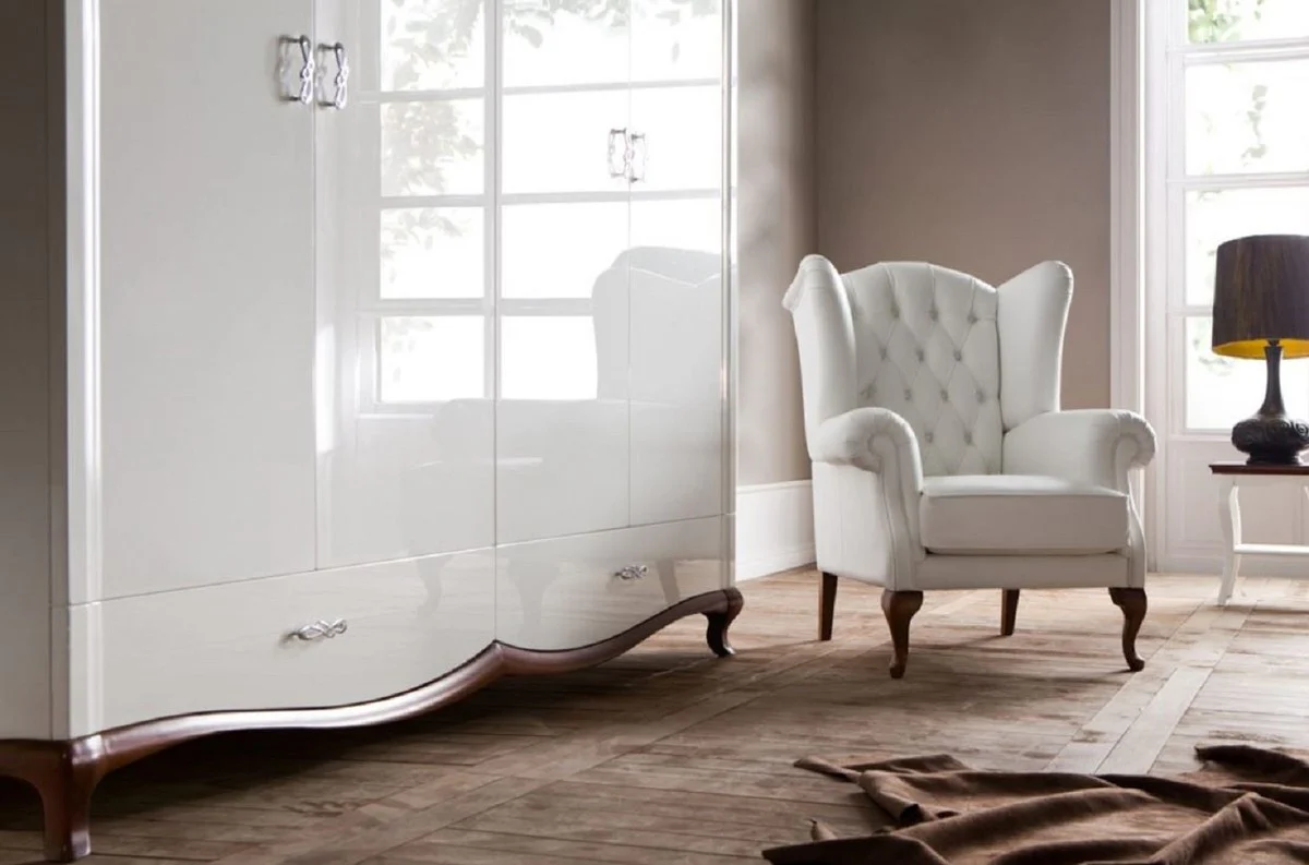 Luxus Jugendstil Schlafzimmerschrank Hochglanz Weiß / Braun 204,4 x 62,5 x H. 209,5 cm - Massivholz Kleiderschrank mit 4 Türen und 2 Schubladen - Schlafzimmer Möbel