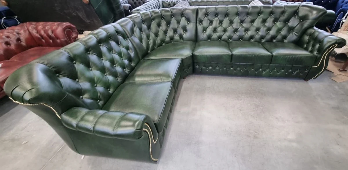 Luxus Chesterfield Leder Ecksofa Vintage Grün 290 x 240 x H. 80 cm - Echtleder Wohnzimmer Sofa - Wohnzimmer Möbel - Chesterfield Möbel - Luxus Möbel - Luxus Wohnzimmer Einrichtung