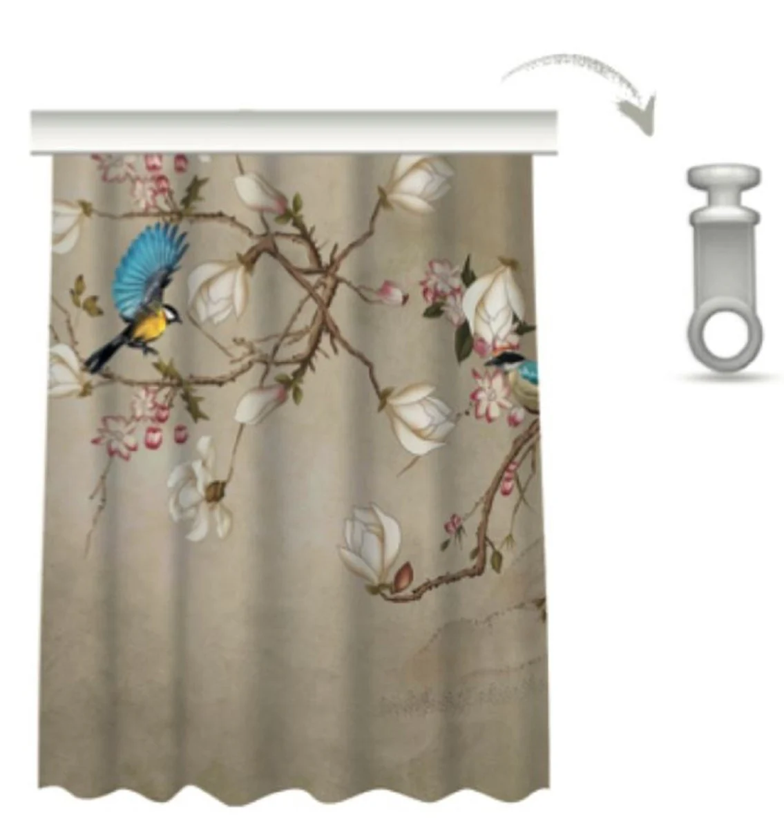 Luxus Vorhang Set Vögel Beige / Mehrfarbig 250 x H. 290 cm - Bedruckte Leinen & Samt Vorhänge - Ösenvorhänge - Schiebevorhänge - Luxus Qualität