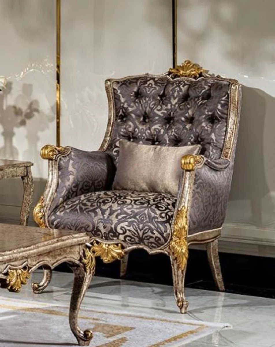 Luxus Barock Wohnzimmer Set Silber / Lila / Antik Silber / Braun / Gold - 2 Sofas & 2 Sessel & 1 Couchtisch - Prunkvolle Wohnzimmer Möbel im Barockstil