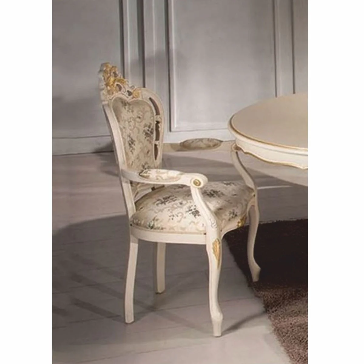 Luxus Barock Esszimmer Stuhl mit Armlehnen Bunt / Elfenbein / Gold - Made in Italy