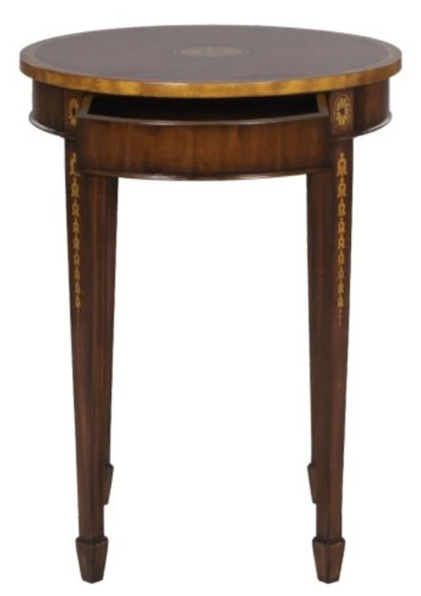 Luxus Jugendstil Mahagoni Beistelltisch Braun / Gold Ø 51 x H. 69 cm - Kleiner Runder Beistelltisch mit Schublade