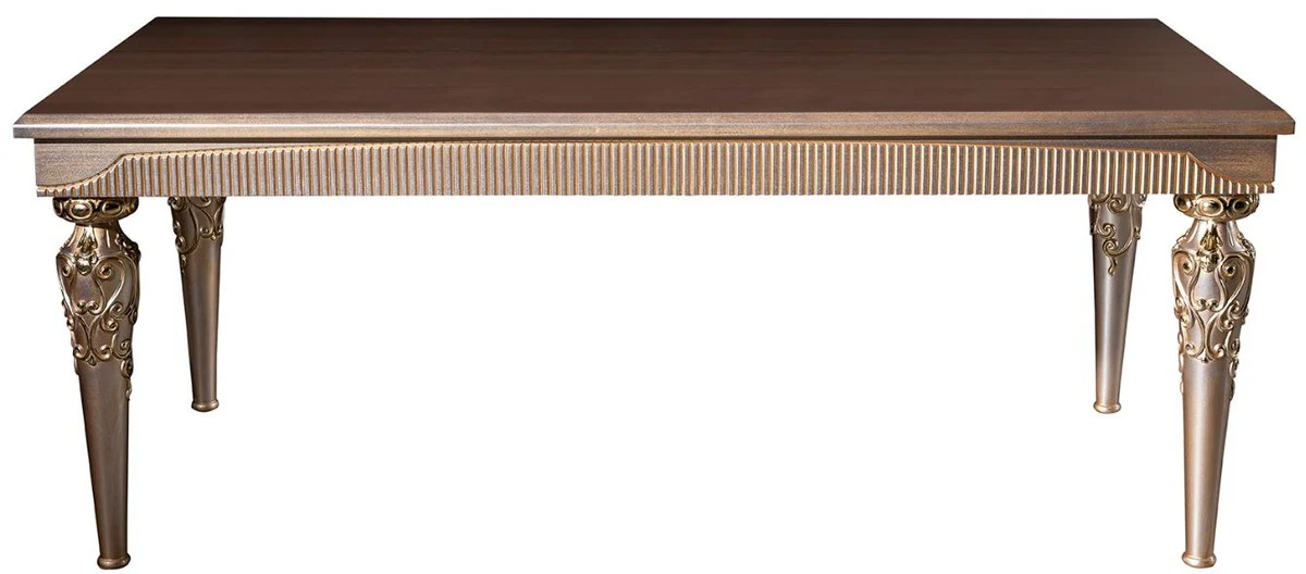 Luxus Barock Esstisch Braun / Silber / Kupfer / Gold 202 x 102 x H. 79 cm - Massivholz Küchentisch - Esszimmertisch - Esszimmer Möbel im Barockstil