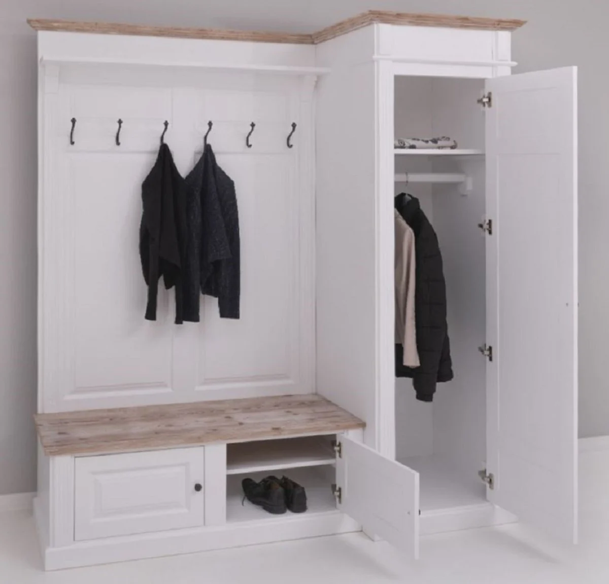 Landhausstil Garderobenschrank Weiß / Naturfarben 205 x 65 x H. 210 cm - Massivholz Garderobe - Flur Schrank - Flurmöbel - Garderoben Möbel - Massivholz Möbel - Landhausstil Möbel