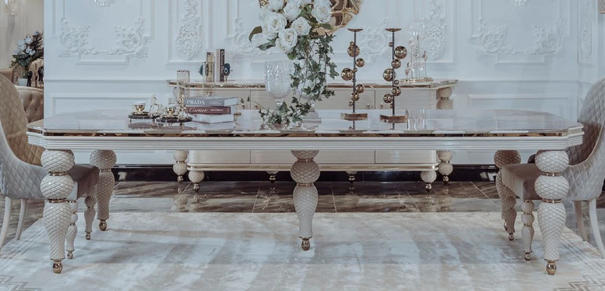 Luxus Art Deco Esstisch Grau / Weiß / Gold 260 x 113 x H. 79 cm - Prunkvoller Art Deco Esszimmer Tisch mit Kunstmarmor Tischplatte - Art Deco Esszimmer Möbel - Luxus Qualität