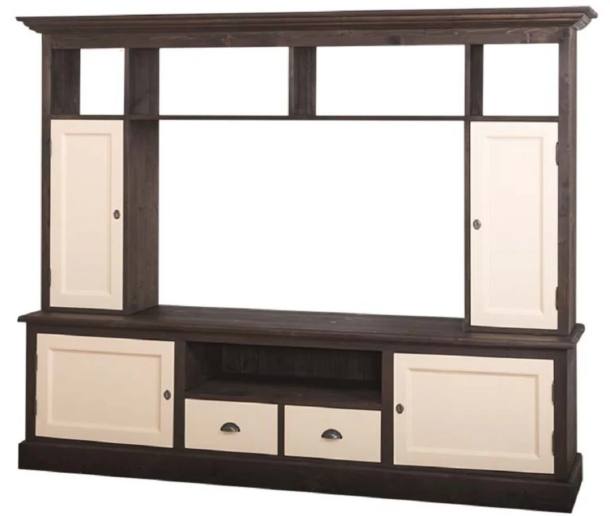 Landhausstil Fernsehschrank Dunkelbraun / Beige 207 x 46 x H. 166 cm - Massivholz TV Schrank - Wohnzimmerschrank - Landhausstil Wohnzimmermöbel