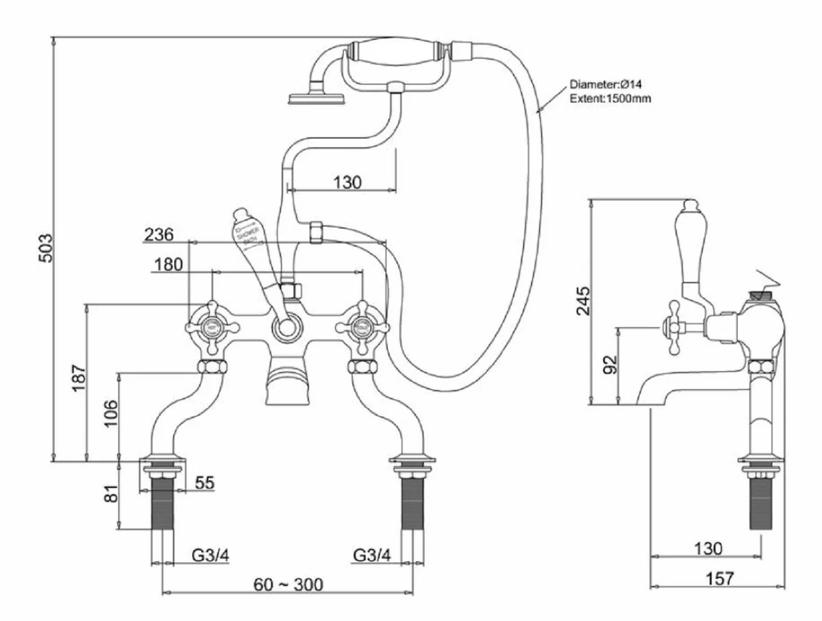 Luxus Jugendstil Badewannenarmatur Silber / Schwarz H. 50,3 cm - Nostalgische Messing Badewannen Armatur mit Handbrause - Nostalgisches Badezimmer Zubehör
