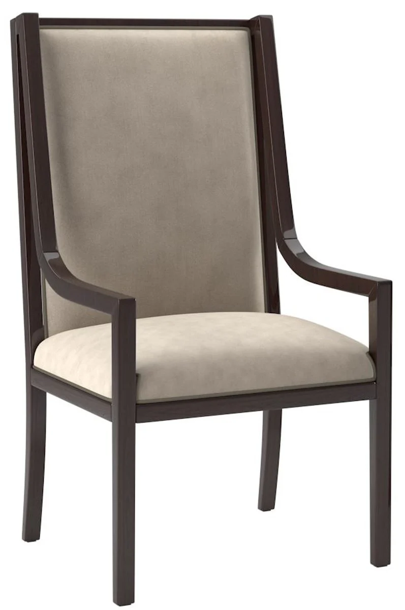 Luxus Art Deco Esszimmer Set Beige / Dunkelbraun Hochglanz / Gold - 1 Esszimmertisch & 6 Esszimmerstühle - Art Deco Esszimmer Möbel - Luxus Qualität