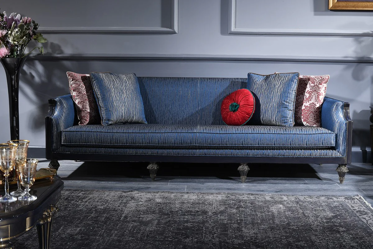 Luxus Barock Sofa Blau / Gold / Schwarz 240 x 88 x H. 85 cm - Barock Wohnzimmermöbel