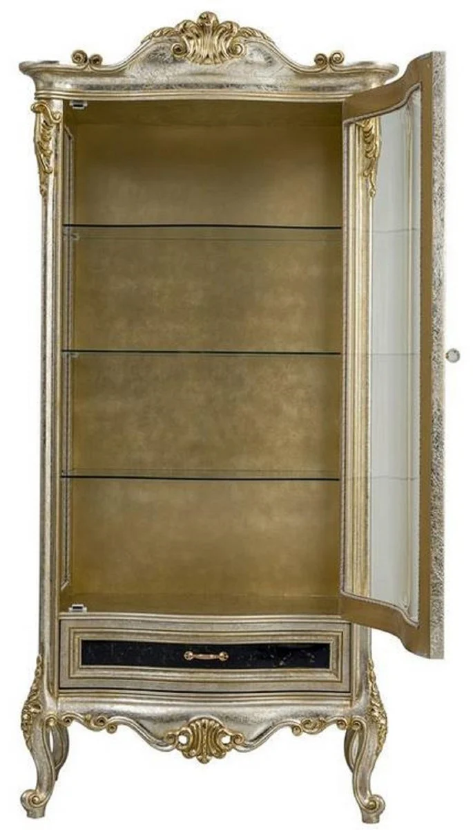 Luxus Barock Vitrine Silber / Gold - Handgefertigter Massivholz Vitrinenschrank - Barock Wohnzimmer Möbel