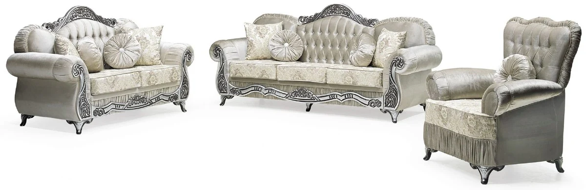 Luxus Barock 2er Sofa Grau / Creme / Silber / Schwarz - Prunkvolles Wohnzimmer Sofa mit elegantem Muster und Glitzersteinen - Luxus Wohnzimmer Möbel im Barockstil - Barock Möbel