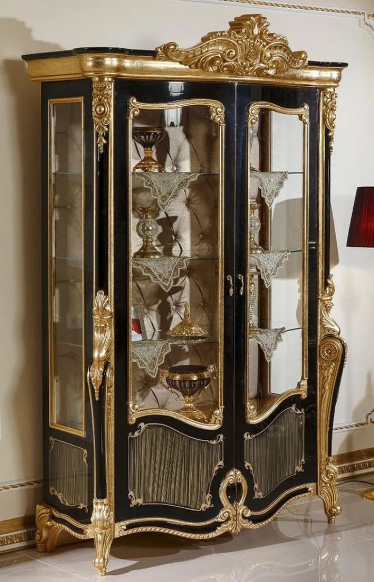 Luxus Barock Vitrine Schwarz / Gold - Prunkvoller Massivholz Vitrinenschrank mit 2 Glastüren und 3 Glasregalen - Barock Möbel - Edel & Prunkvoll