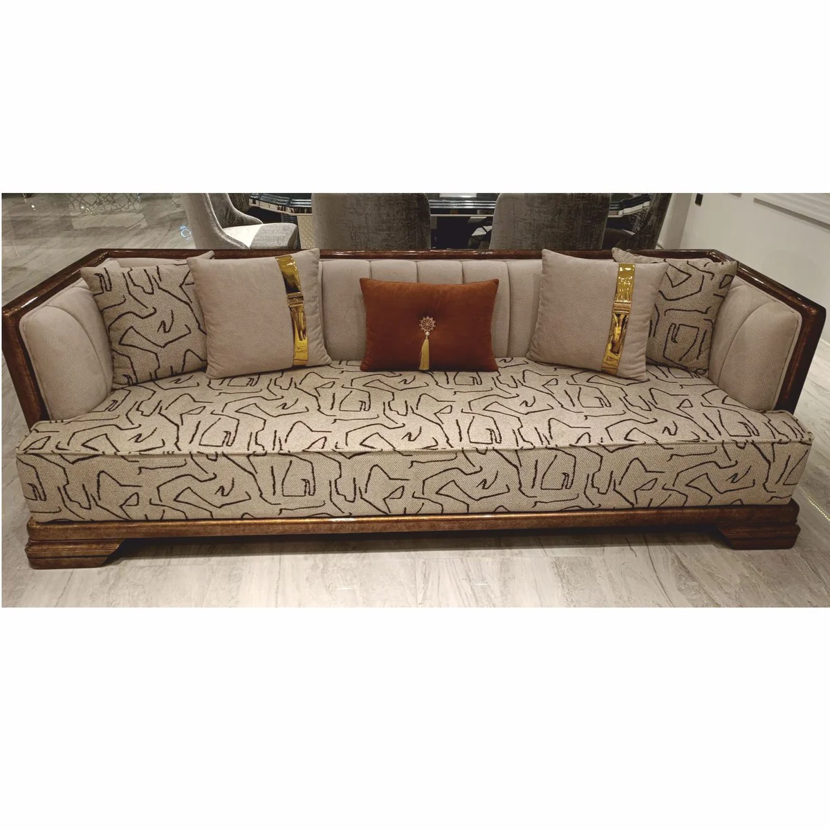 Luxus Art Deco Sofa Grau / Braun / Gold 238 cm - Wohnzimmer Möbel