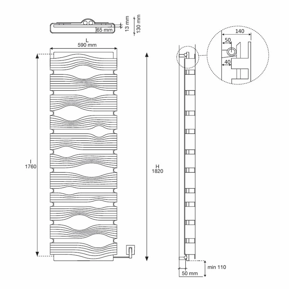 Luxus LED Wandheizung Schwarz / Weiß H. 182 cm - Made in Italy