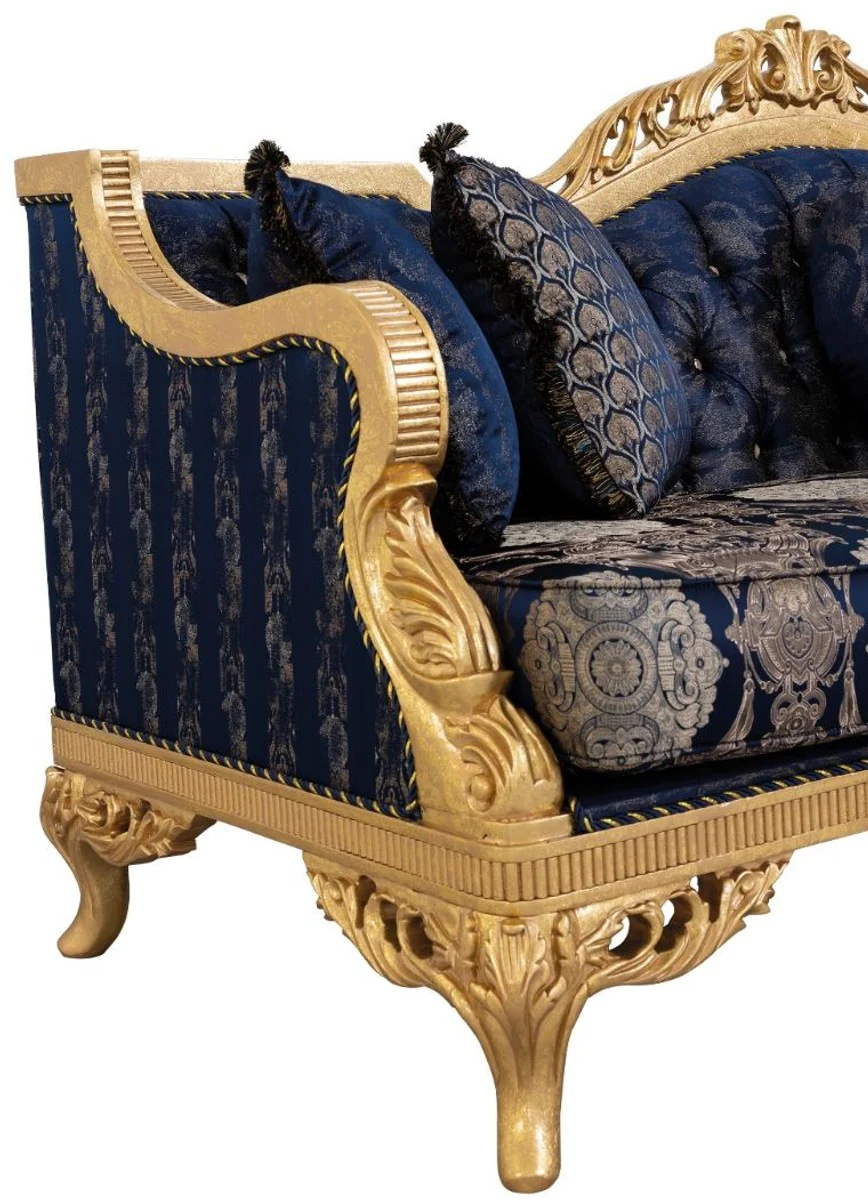Luxus Barock Sofa mit Glitzersteinen und dekorativen Kissen Dunkelblau / Gold 228 x 93 x H. 108 cm - Barock Wohnzimmer Möbel
