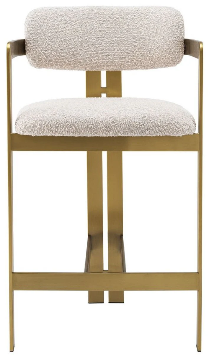 Luxus Barstuhl Creme / Messing 53 x 44,5 x H. 97 cm - Gepolsterter Edelstahl Barhocker - Luxus Barmöbel
