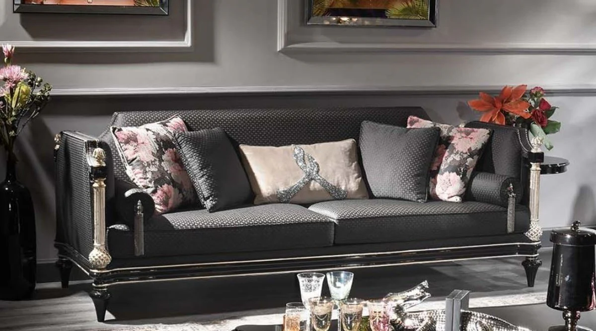 Luxus Barock Sofa Schwarz / Grau / Silber / Antik Gold 250 x 95 x H. 80 cm - Prunkvolles Wohnzimmer Sofa im Barockstil