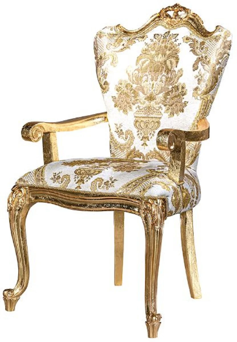 Luxus Barock Esszimmerstuhl Set Weiß / Gold - 6 handgefertigte Küchen Stühle mit Armlehnen und elegantem Muster - Barock Esszimmer Möbel - Edel & Prunkvoll