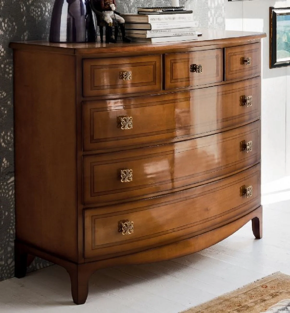 Luxus Jugendstil Kommode Braun 124 x 58 x H. 106 cm - Massivholz Schrank mit 6 Schubladen - Barock & Jugendstil Möbel