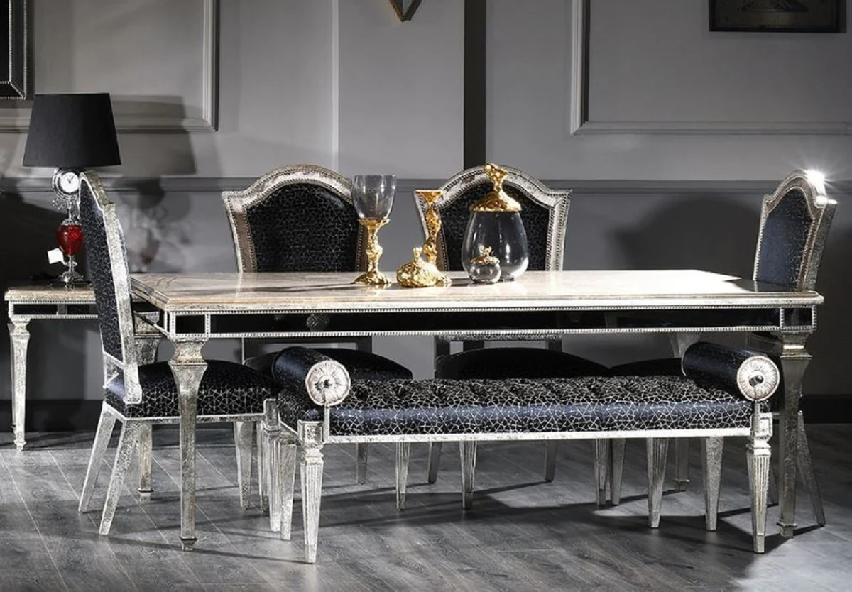 Luxus Barock Esszimmer Set Schwarz / Antik Silber - 1 Barock Esstisch & 4 Barock Esszimmerstühle & 1 Barock Sitzbank - Luxus Esszimmer Möbel im Barockstil - Edel & Prunkvoll