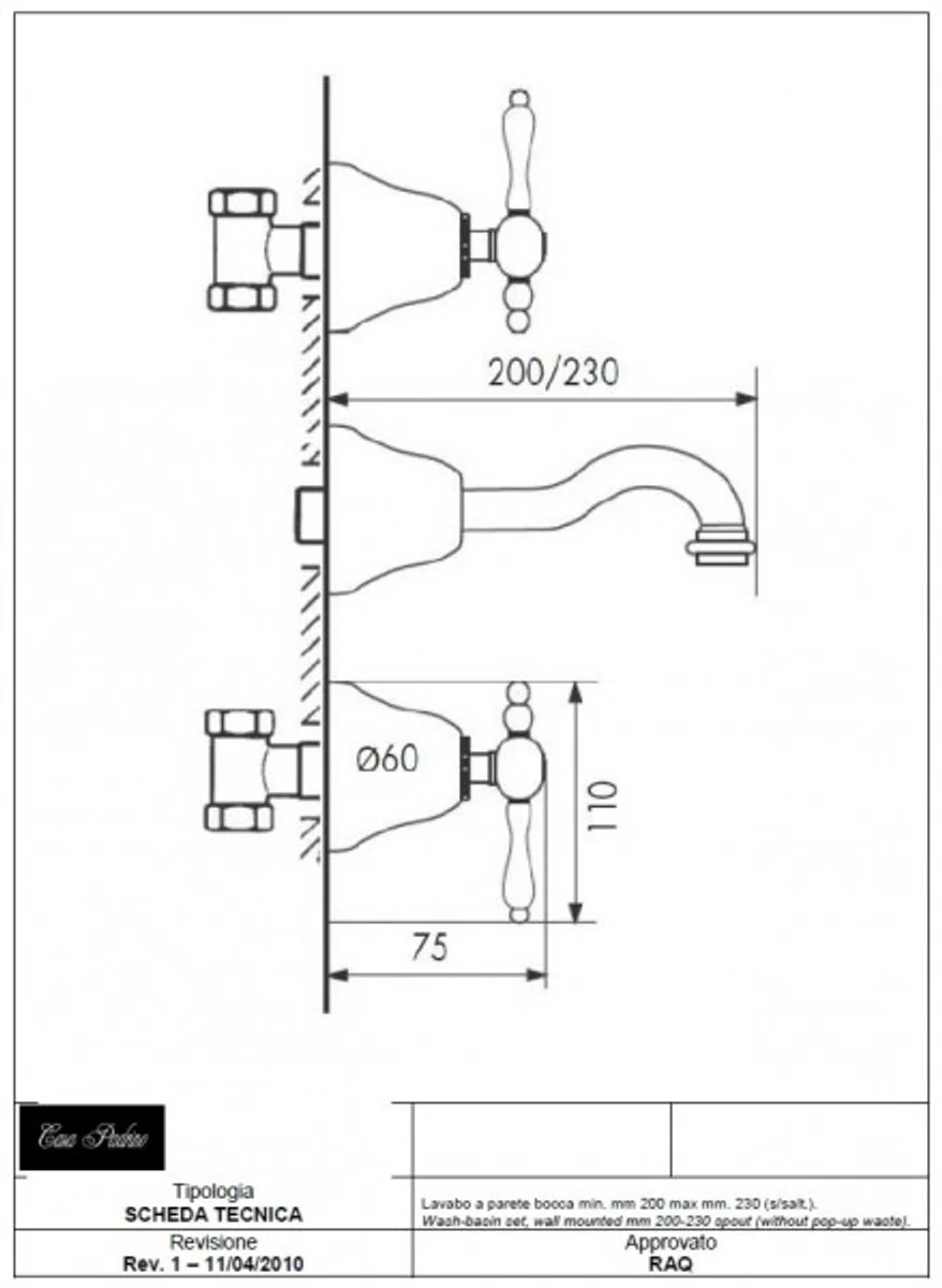 Luxus Bad Zubehör - Jugendstil Retro Waschtisch Einhebelmischer Wandmontage Chrom Serie Milano - Made in Italy