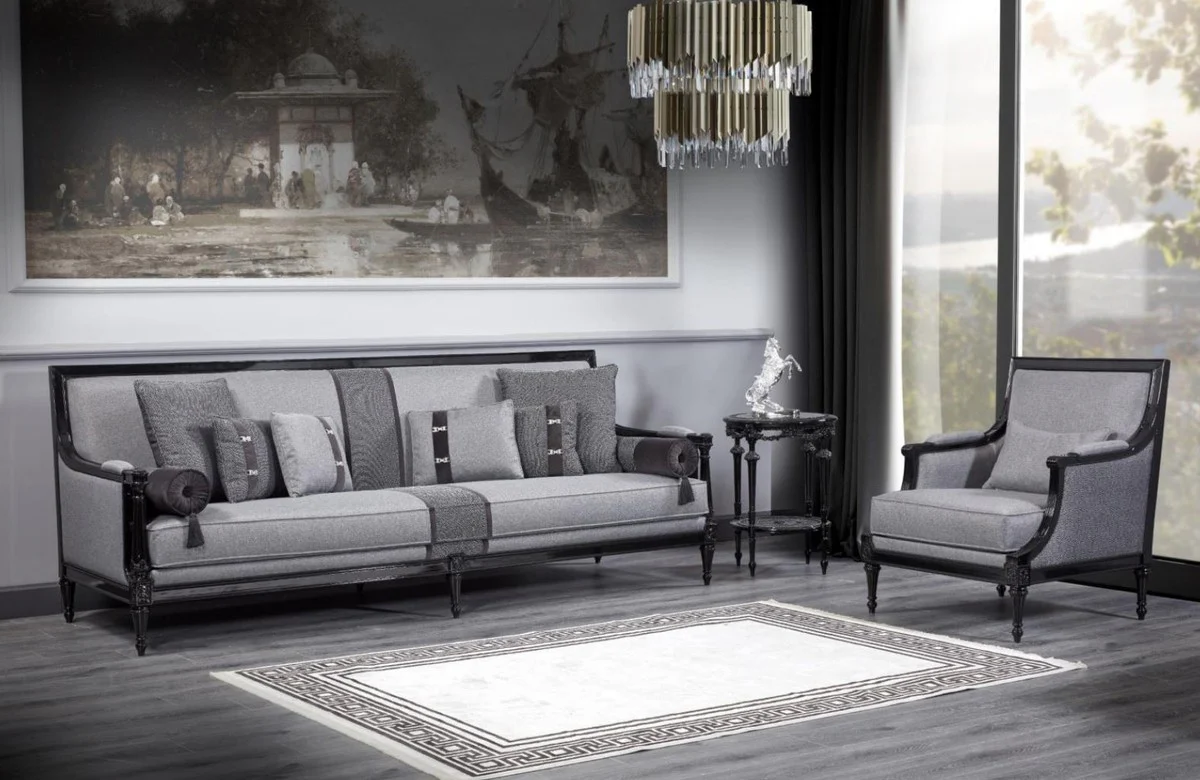 Luxus Barock Sofa Grau / Schwarz - Prunkvolles Wohnzimmer Sofa - Barockstil Wohnzimmer Möbel - Luxus Möbel im Barockstil - Barock Einrichtung - Edel & Prunkvoll