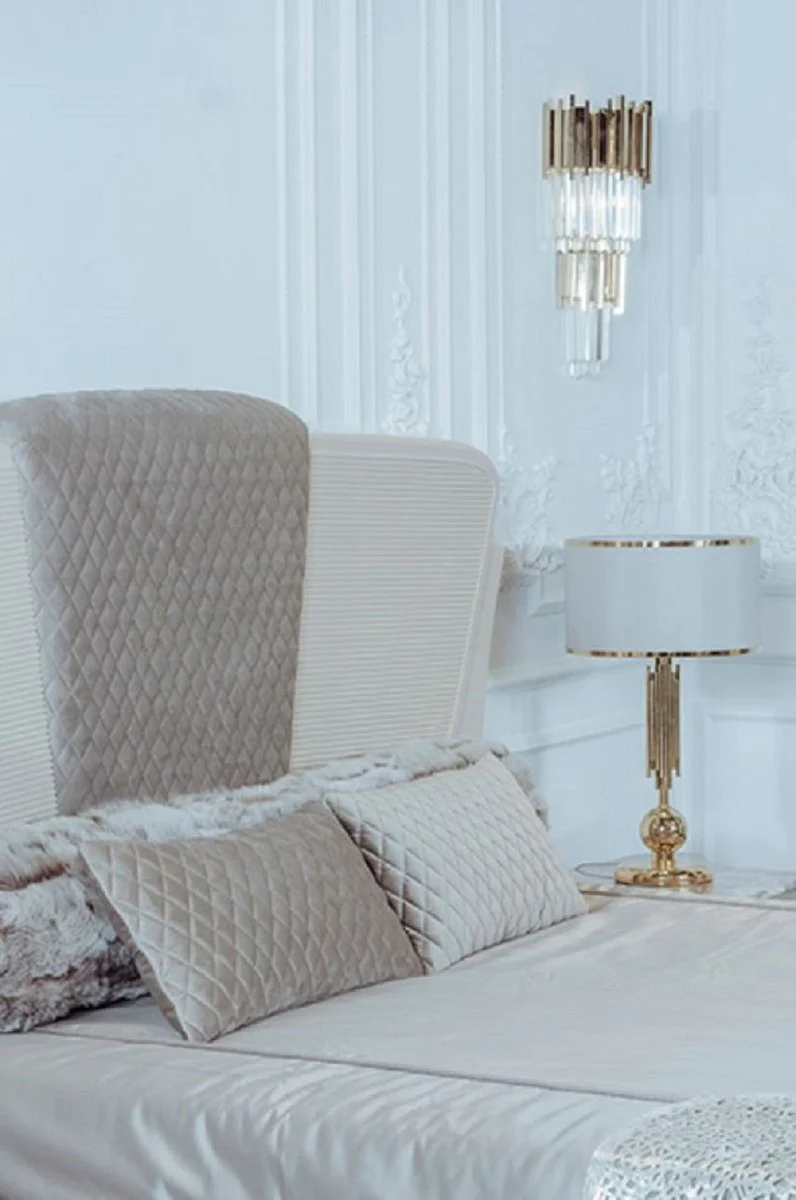 Luxus Art Deco Schlafzimmer Set Beige / Grau / Gold - 1 Doppelbett mit Kopfteil & 2 Nachttische - Art Deco Schlafzimmer & Hotel Möbel - Luxus Kollektion