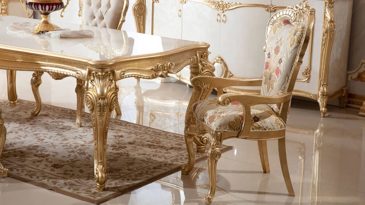 Luxus Barock Esszimmer Set Weiß / Mehrfarbig / Gold