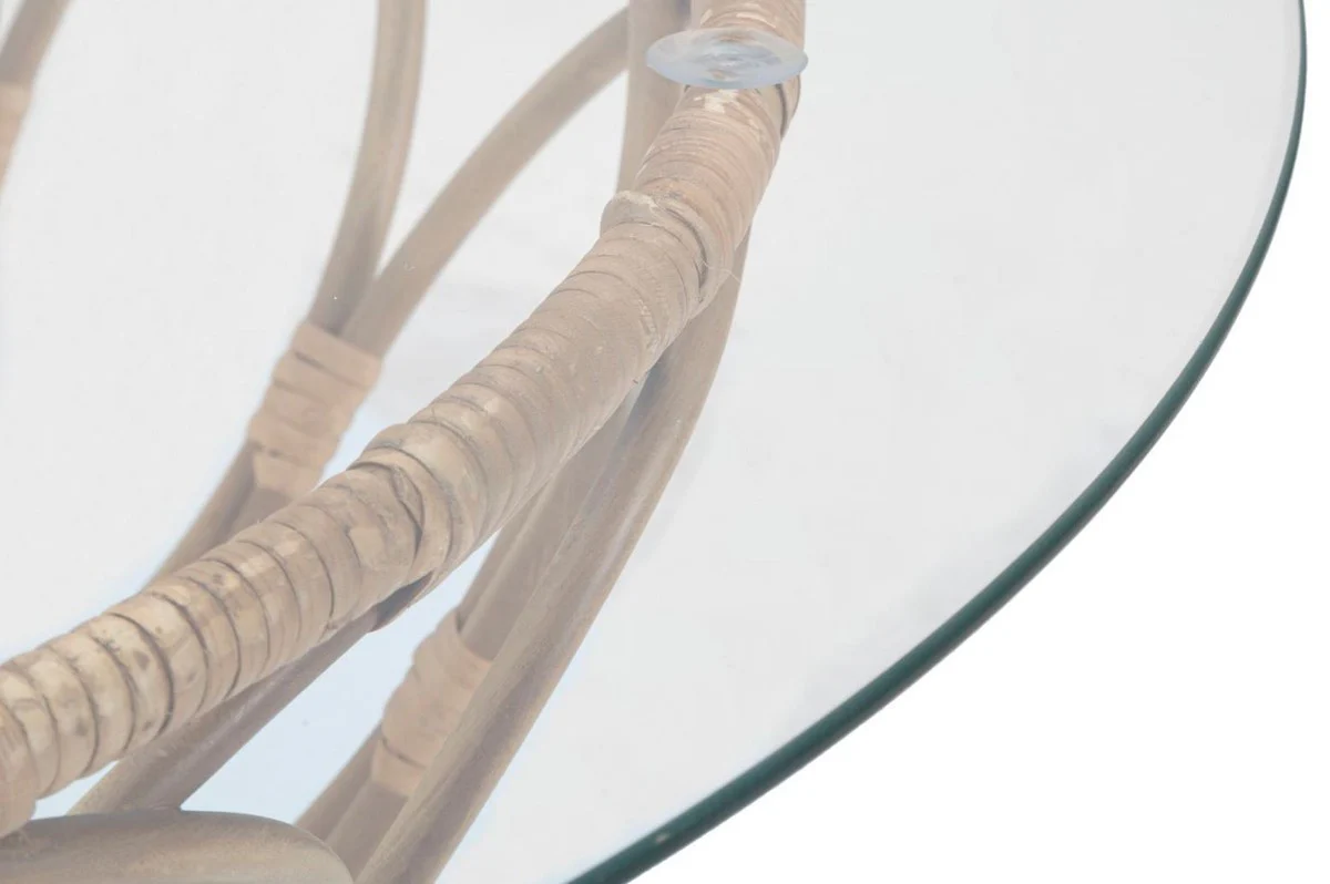 Luxus Couchtisch mit Glasplatte Naturfarben Ø 75 cm - Wohnzimmer Möbel