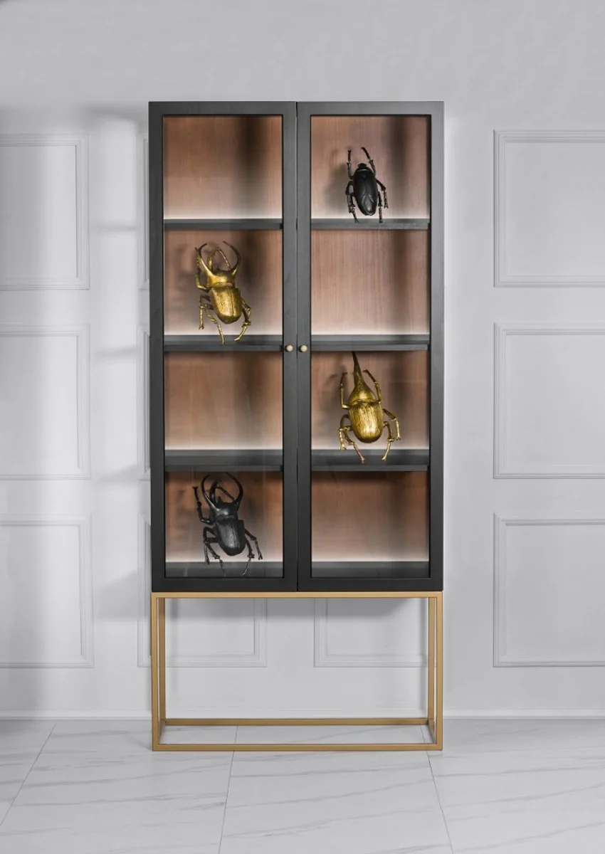 Luxus Glas Vitrine Schwarz / Messing Gold 200 x 90 cm - Luxus Boutique Vitrinenschrank - Neoklassisch