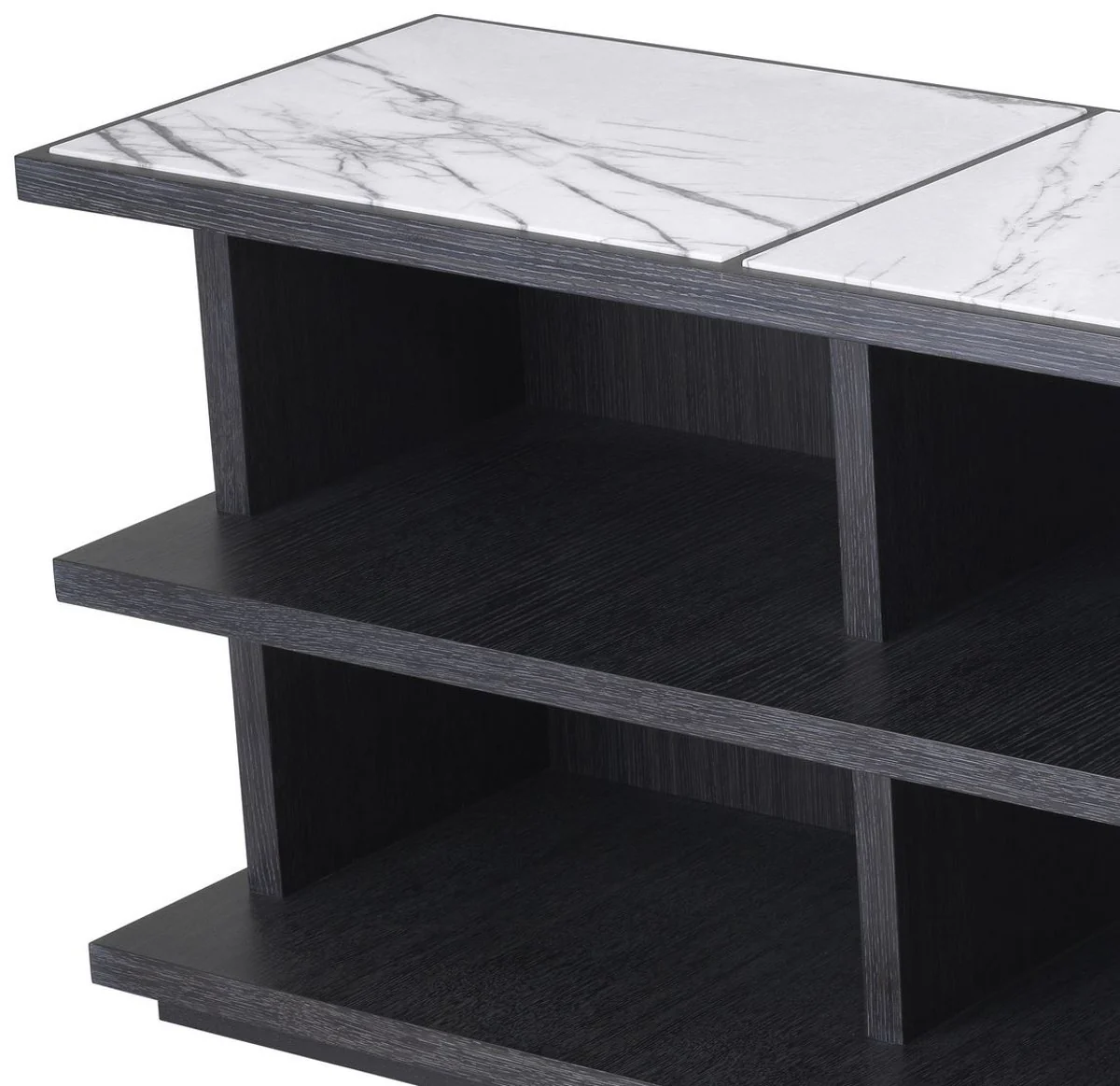 Luxus Regalschrank Anthrazitgrau / Weiß / Fliederfarben 220 x 55 x H. 80 cm - Edler Massivholz Schrank mit 3 Regalen und Marmorplatten - Luxus Wohnzimmer Möbel