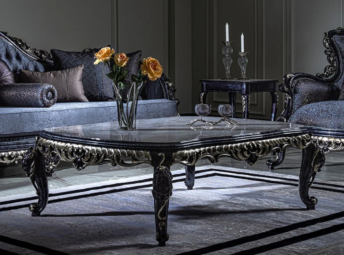 Luxus Barock Wohnzimmer Set Weiß / Blau / Gold - 2 Sofas & 2 Sessel & 1 Couchtisch - Prunkvolle Wohnzimmer Möbel im Barockstil