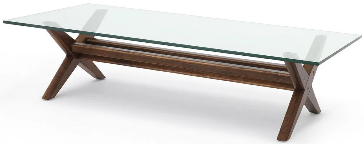 Luxus Couchtisch Braun 160 x 80 x H. 40,5 cm - Rechteckiger Massivholz Wohnzimmertisch mit Glasplatte - Luxus Wohnzimmer Möbel