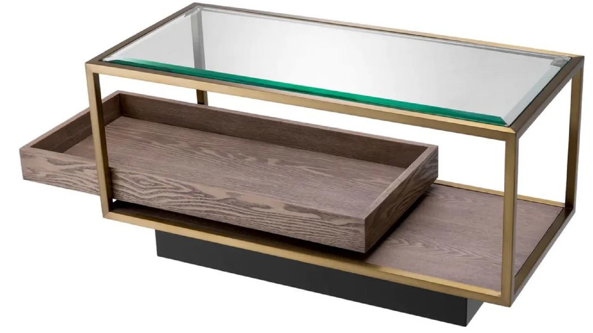 Luxus Beistelltisch Messing / Grau / Schwarz 90 x 42 x H. 44 cm - Rechteckiger Wohnzimmer Tisch mit Glasplatte - Hotel Tisch - Wohnzimmer Möbel - Hotel Möbel - Luxus Möbel