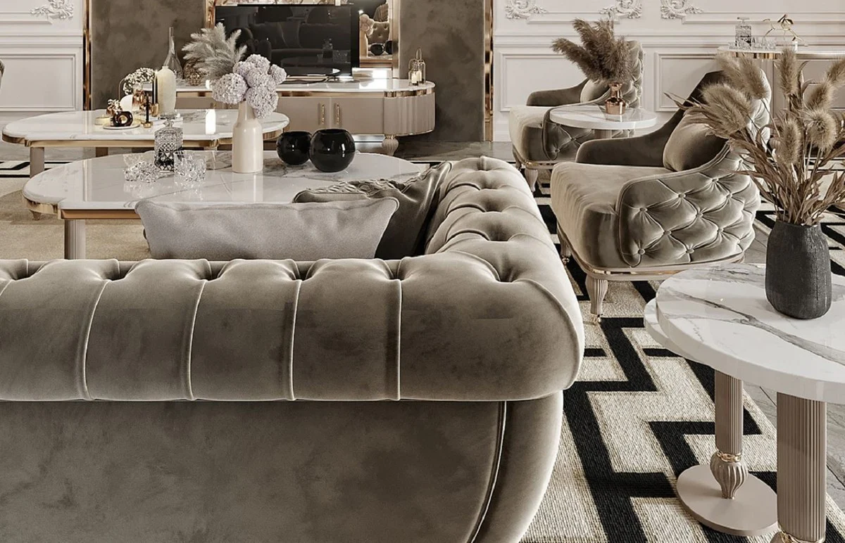 Luxus Art Deco Chesterfield Sofa Grau / Gold - Prunkvolles Wohnzimmer Sofa - Art Deco Wohnzimmer Möbel